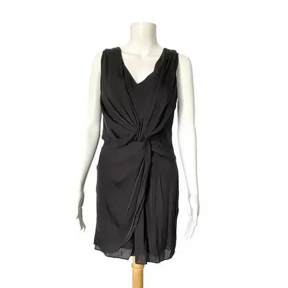 $330 NWT Alice + Olivia Designer Black Plunge Neck Silk Wrap Drape Dress S LBD - Picture 2 of 7